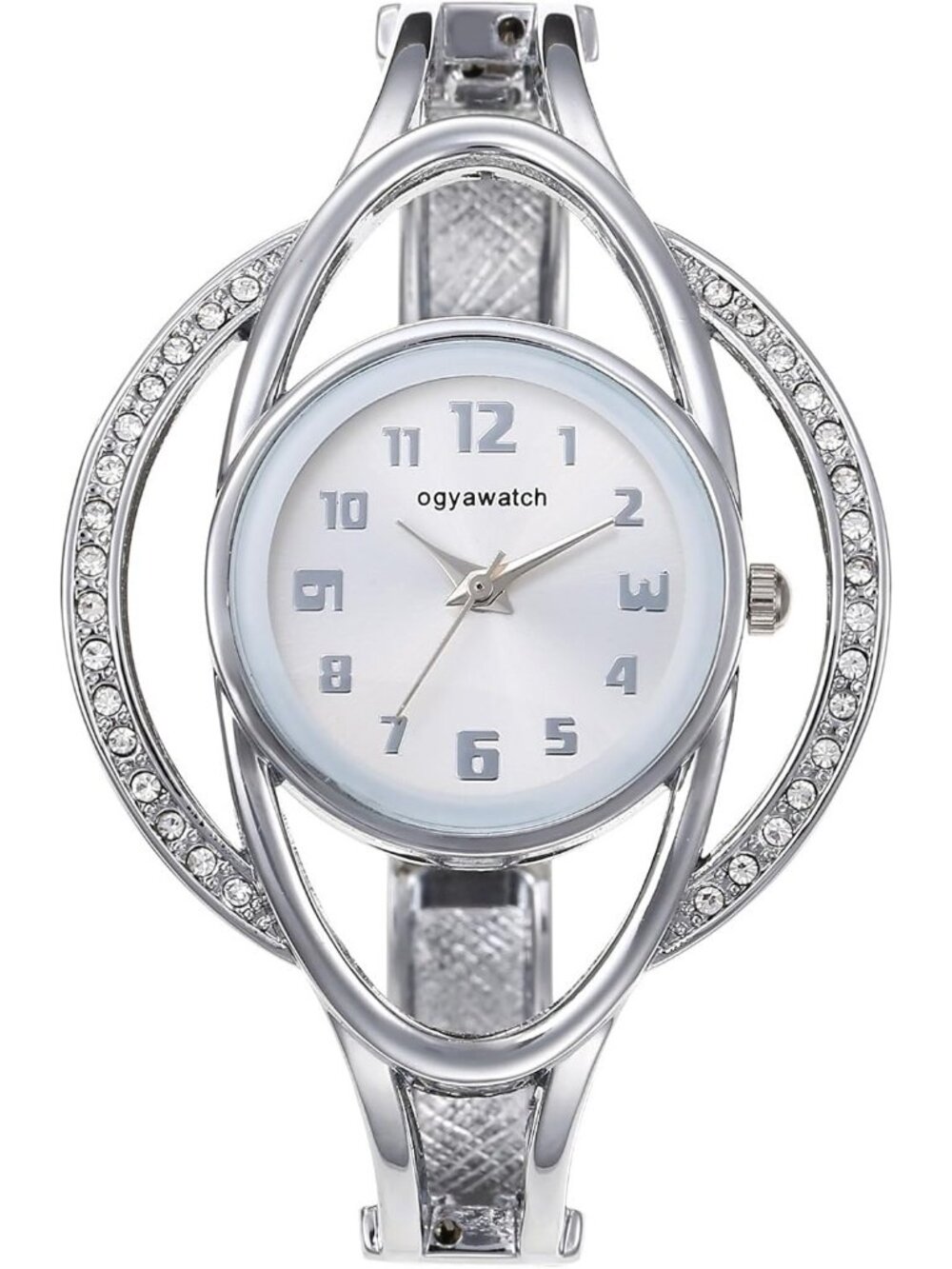 Women's Silver Stainless Steel Chunky Cuff Zircon Hollow Bezel Case Wrist Watch